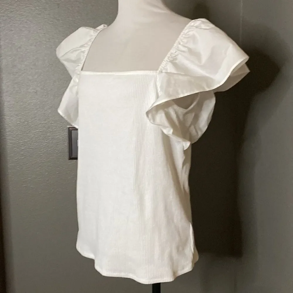 A New Day White Flutter Sleeve Ribbed Top